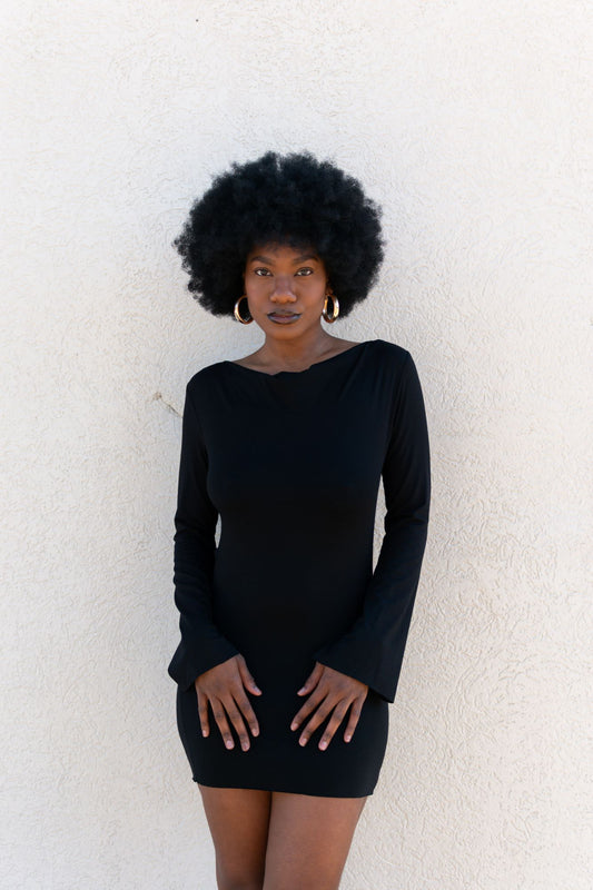 Black, Loose-Fit Jersey Dress w/ Tie Back & Raw Hem, Long Sleeve (Women)