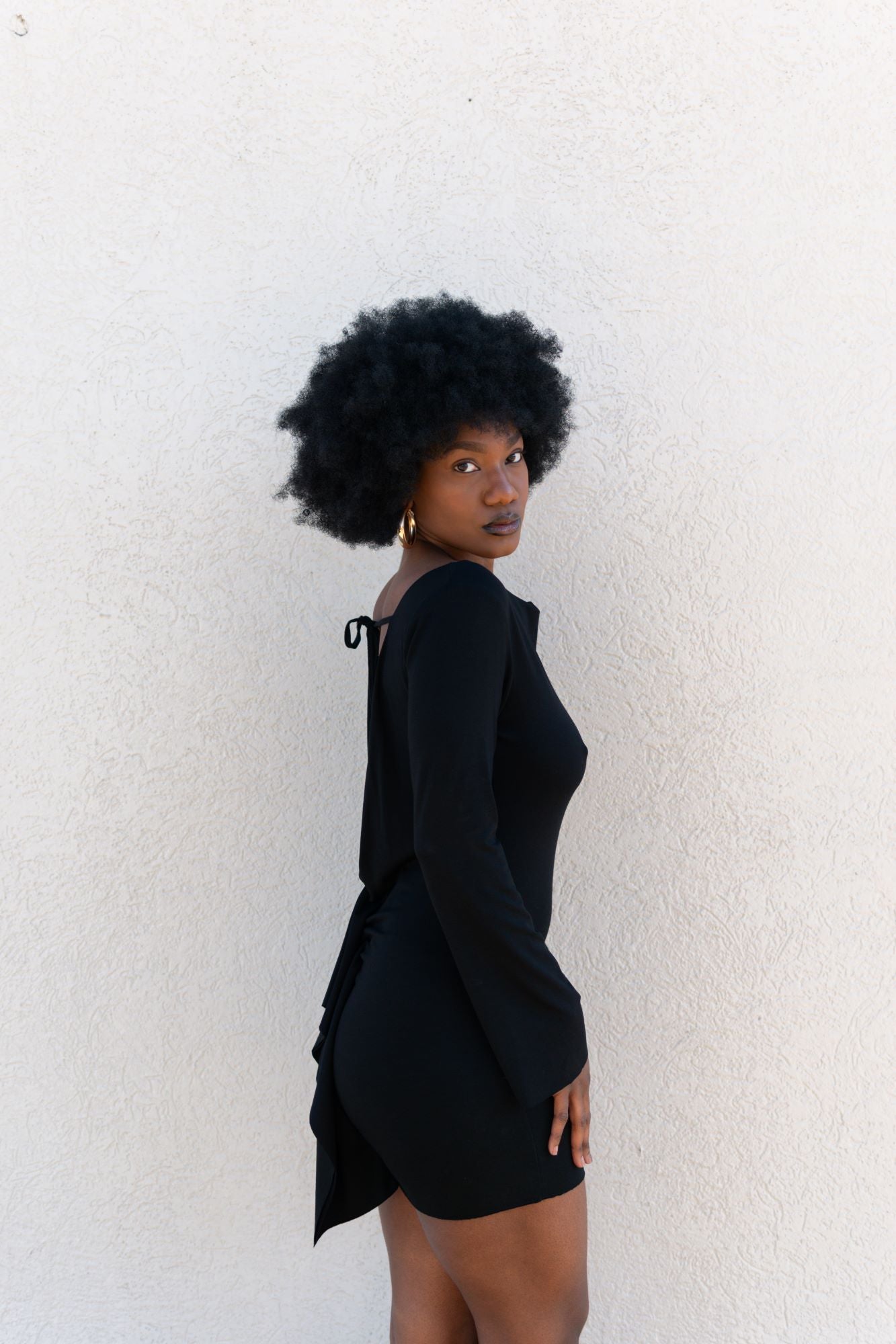 Black, Loose-Fit Jersey Dress w/ Tie Back & Raw Hem, Long Sleeve (Women)