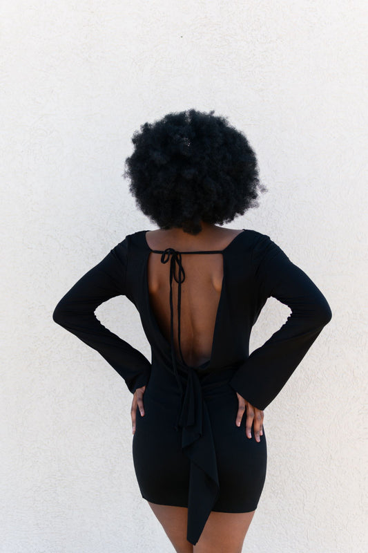 Black, Loose-Fit Jersey Dress w/ Tie Back & Raw Hem, Long Sleeve (Women)
