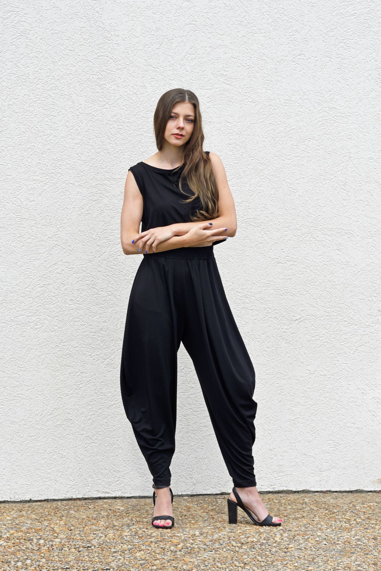 Black, Ankle-Length Harem Pants w/ Low Crotch & Elastic Waistband, Curved Seam (Women)