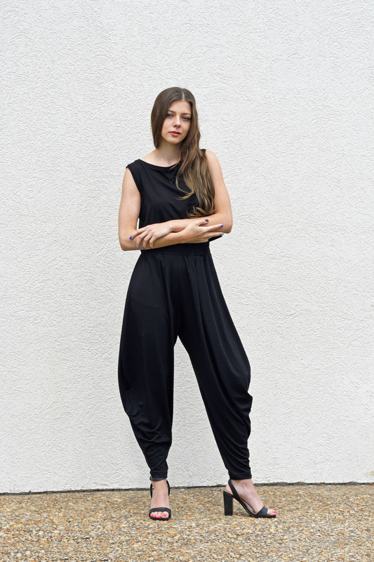 Black, Ankle-Length Harem Pants w/ Low Crotch & Elastic Waistband, Curved Seam (Women)
