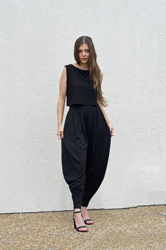 Black, Ankle-Length Harem Pants w/ Low Crotch & Elastic Waistband, Curved Seam (Women)