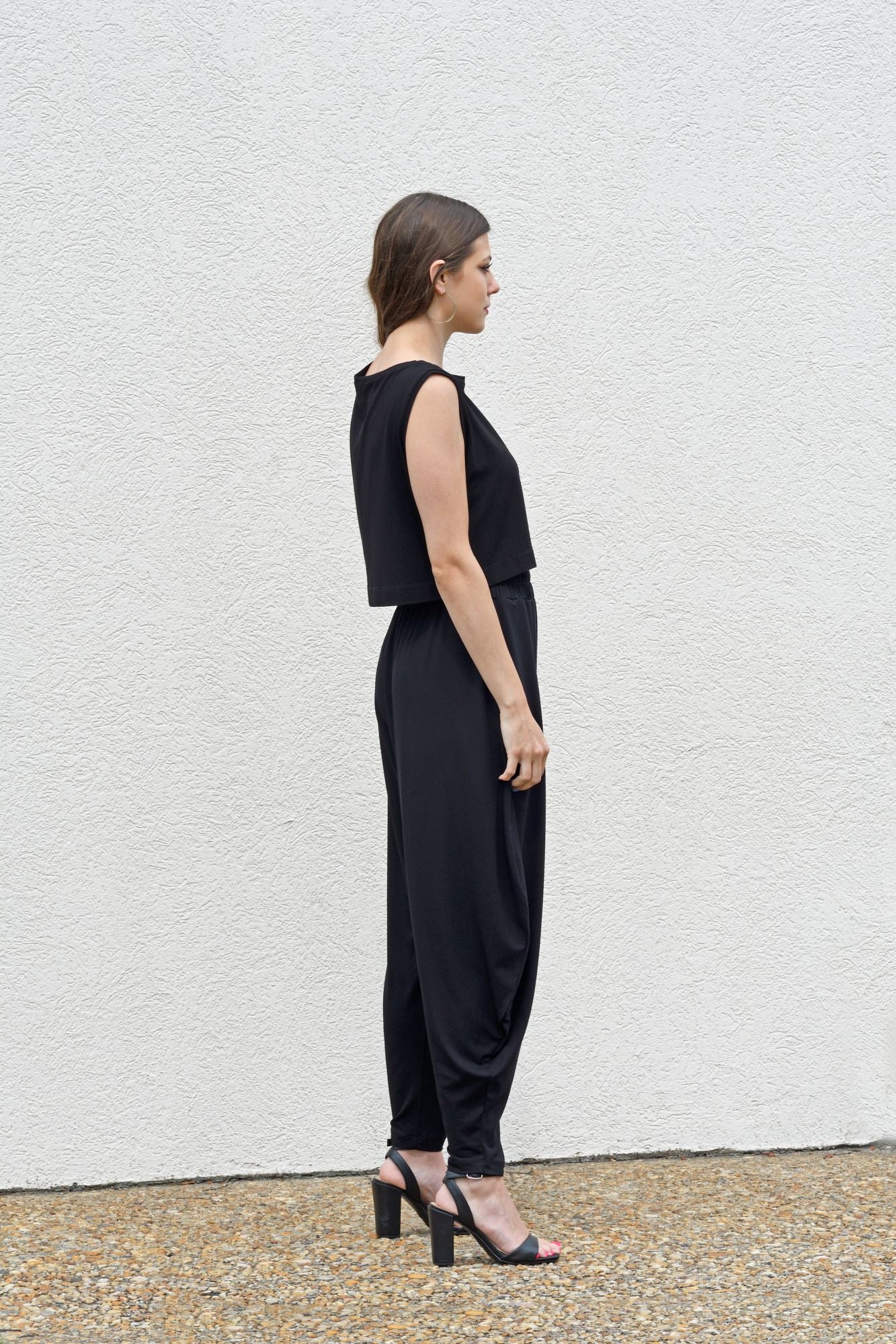 Black, Ankle-Length Harem Pants w/ Low Crotch & Elastic Waistband, Curved Seam (Women)