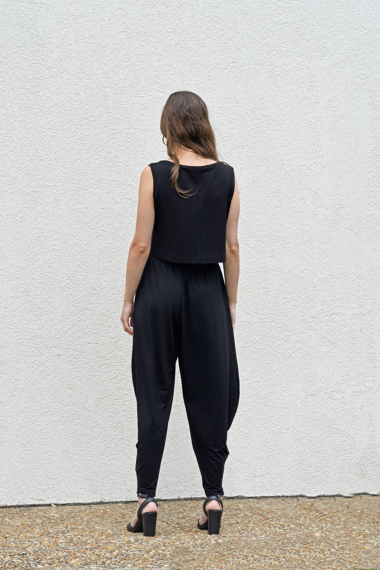 Black, Ankle-Length Harem Pants w/ Low Crotch & Elastic Waistband, Curved Seam (Women)