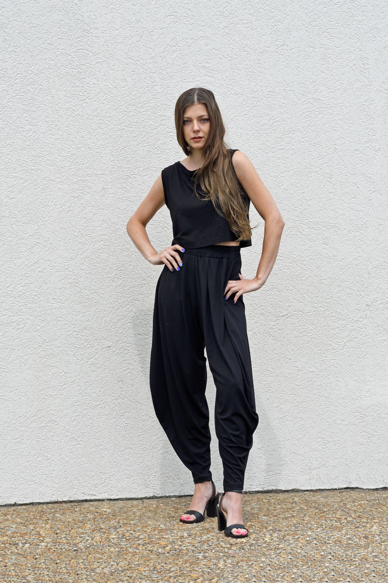 Black, Ankle-Length Harem Pants w/ Low Crotch & Elastic Waistband, Curved Seam (Women)