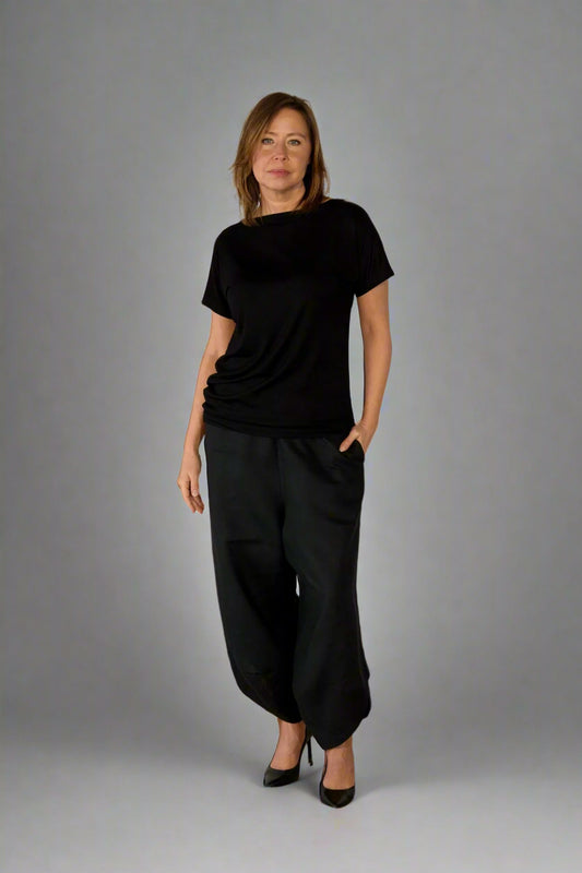 Black, Linen Pants w/ Low Crotch & Elastic Waistband, Triangle Detail on Hem (Unisex)