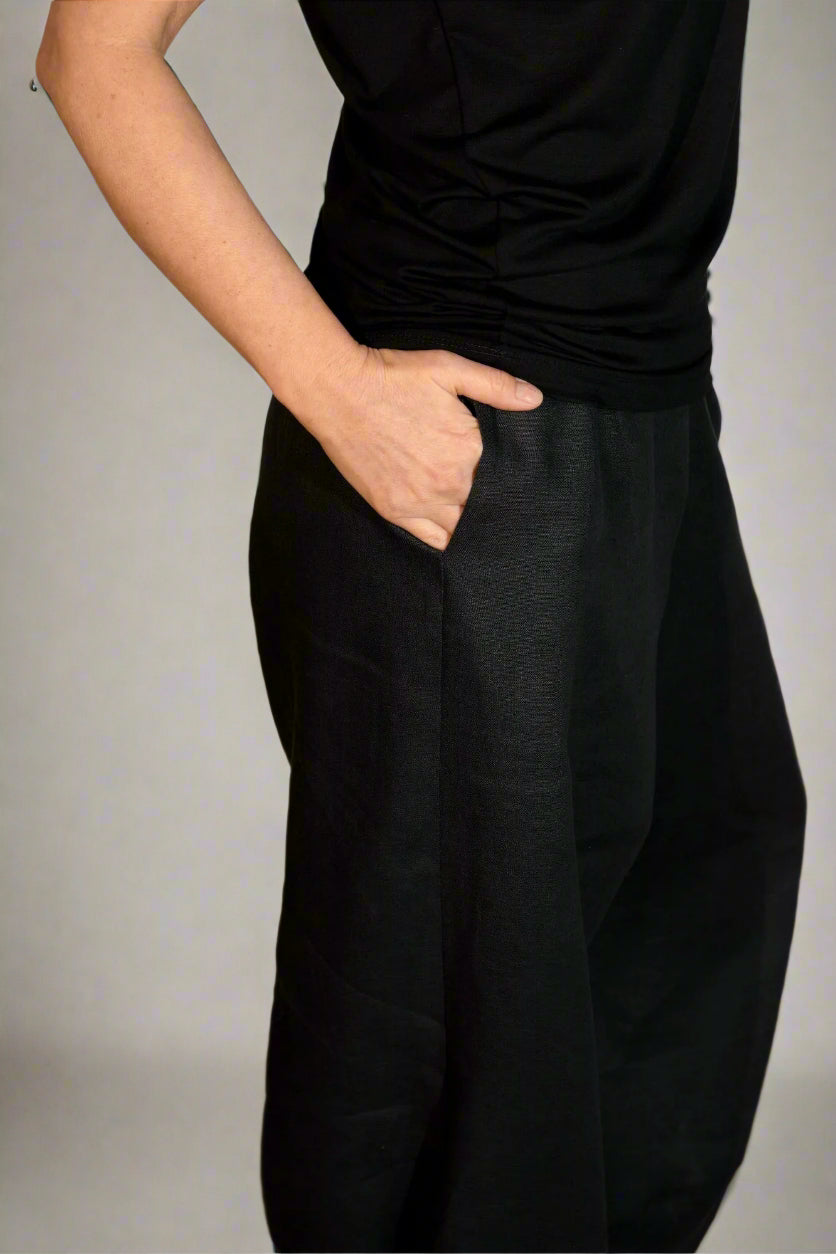Black, Linen Pants w/ Low Crotch & Elastic Waistband, Triangle Detail on Hem (Unisex)