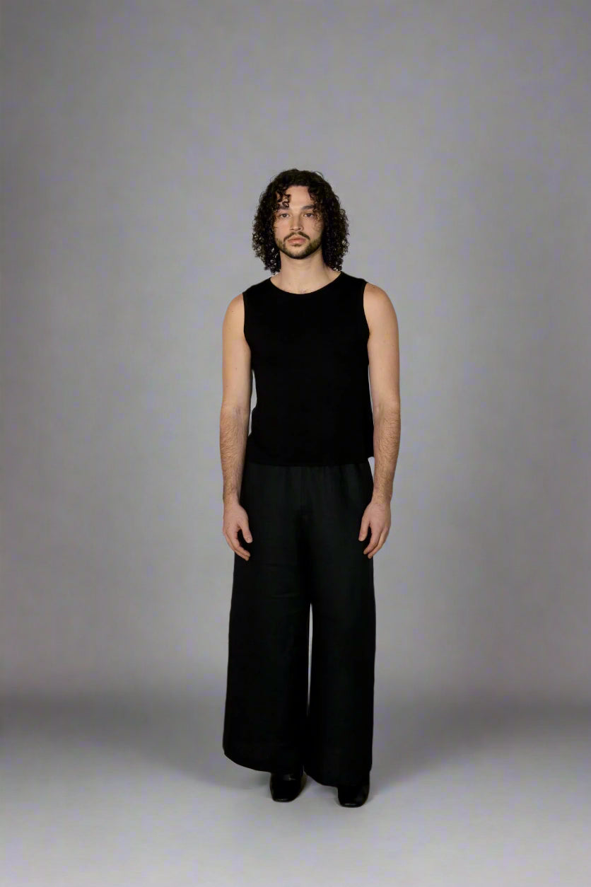 Black, Wide-Leg Linen Pants w/ Dropped Crotch & Elastic Waistband, Back Pockets (Unisex)