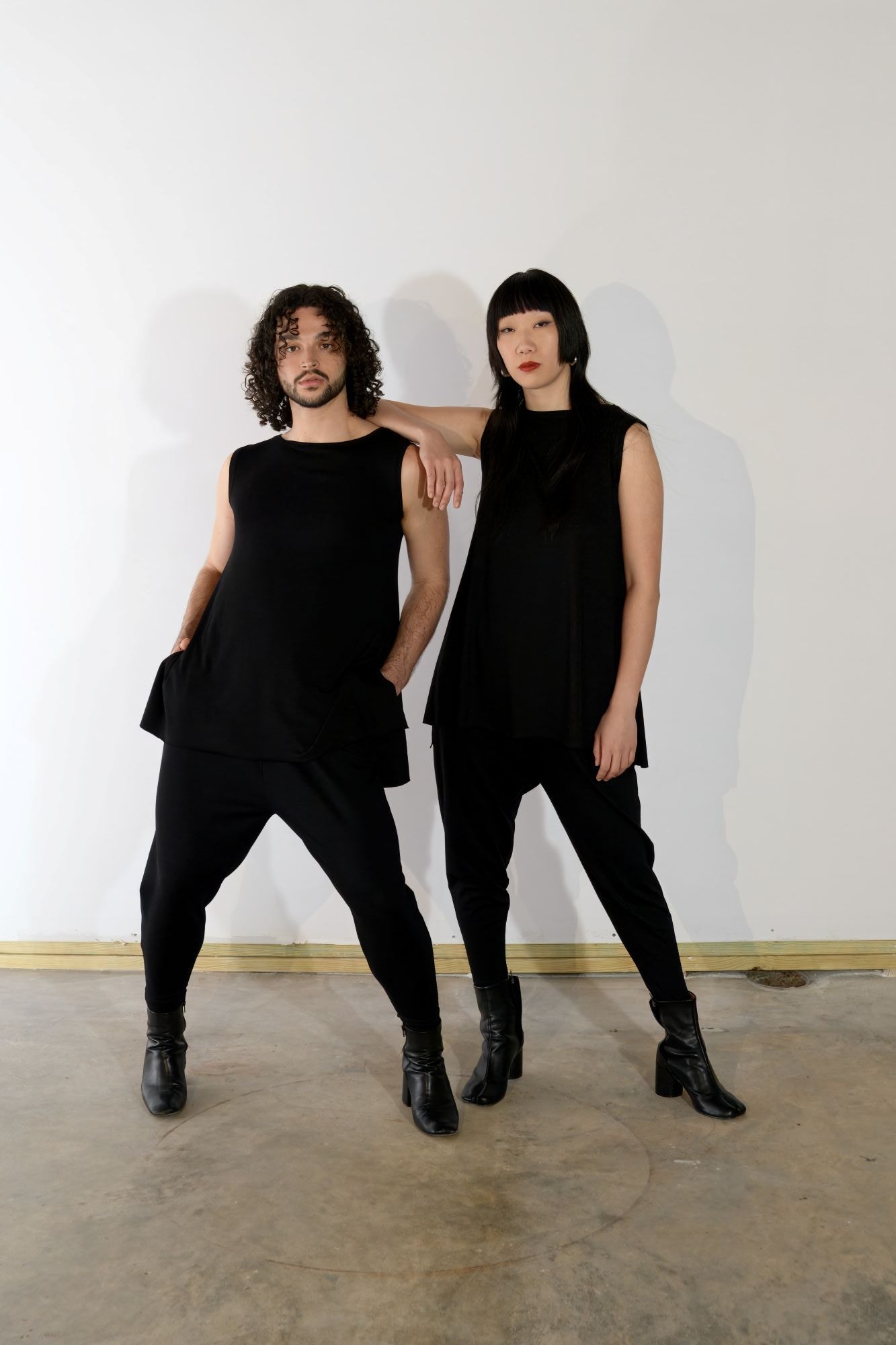Black, Ankle-Length Ponte Pants w/ Low Crotch & Elastic Waistband, Yoke on Back (Unisex)