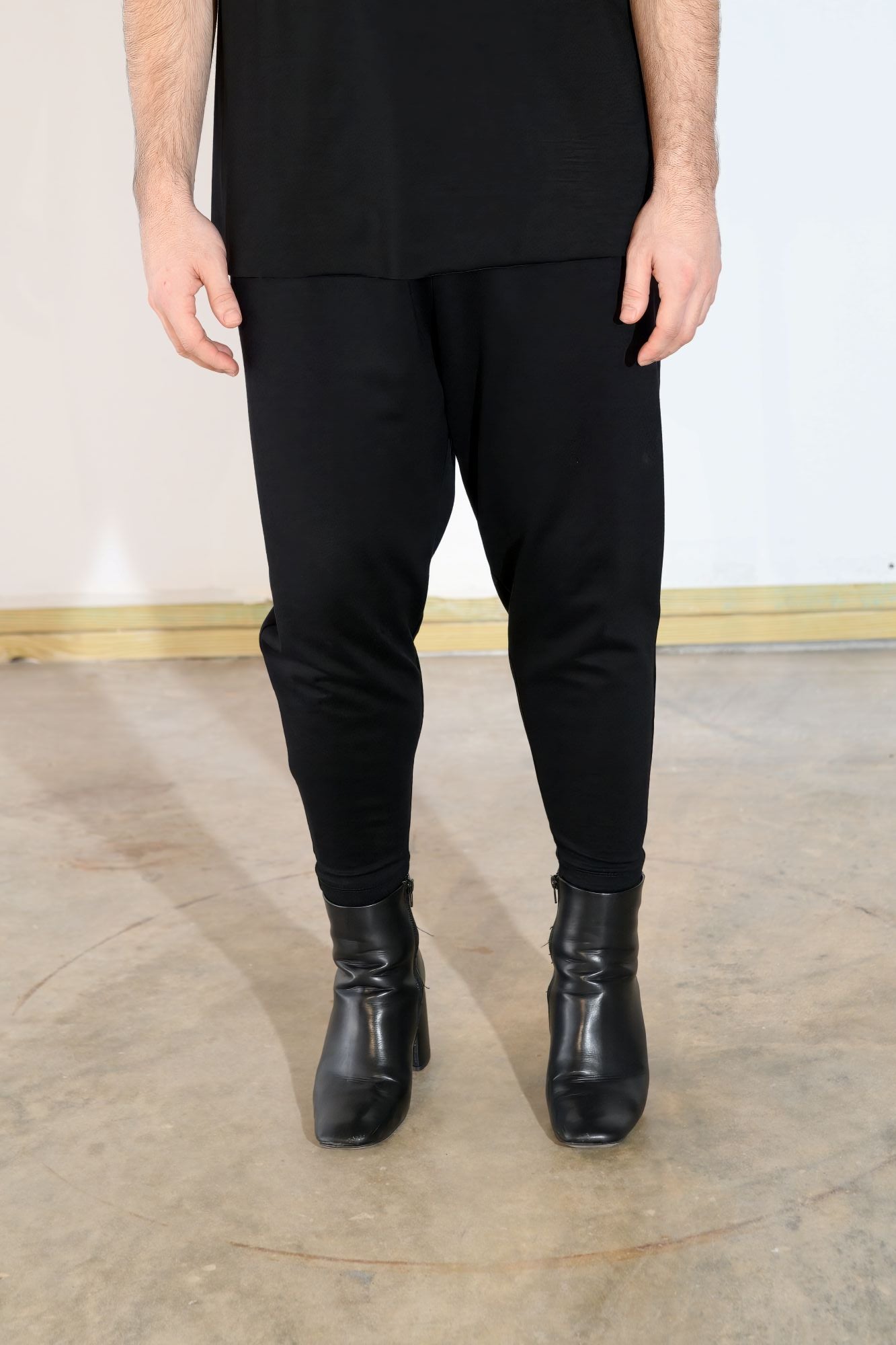 Black, Ankle-Length Ponte Pants w/ Low Crotch & Elastic Waistband, Yoke on Back (Unisex)