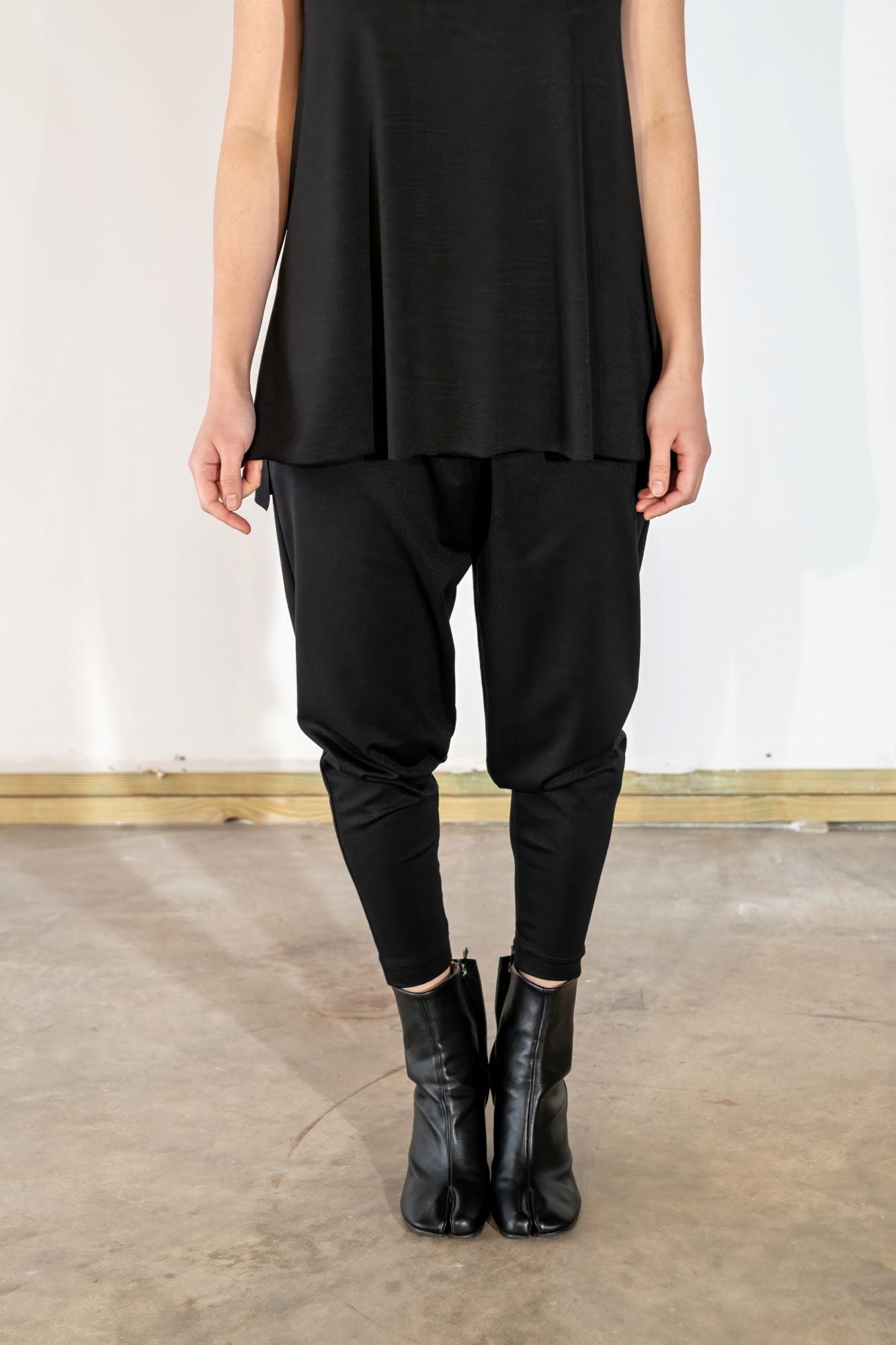 Black, Ankle-Length Ponte Pants w/ Low Crotch & Elastic Waistband, Yoke on Back (Unisex)