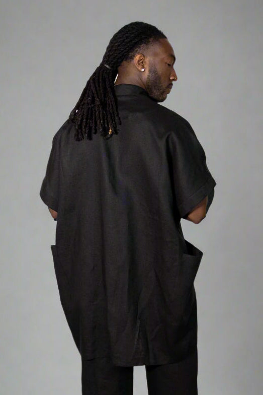Black, Relaxed Linen Kimono w/ 2 Front Pockets & Dropped Shoulder, No Front Closure (Unisex)