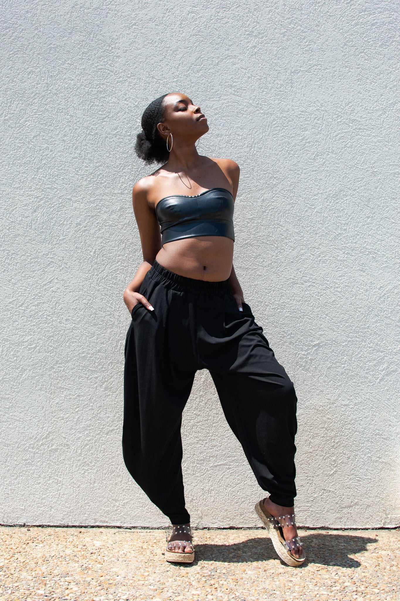 Black, Ankle-Length Harem Pants w/ Low Crotch & Elastic Waistband, Curved Seam (Women)