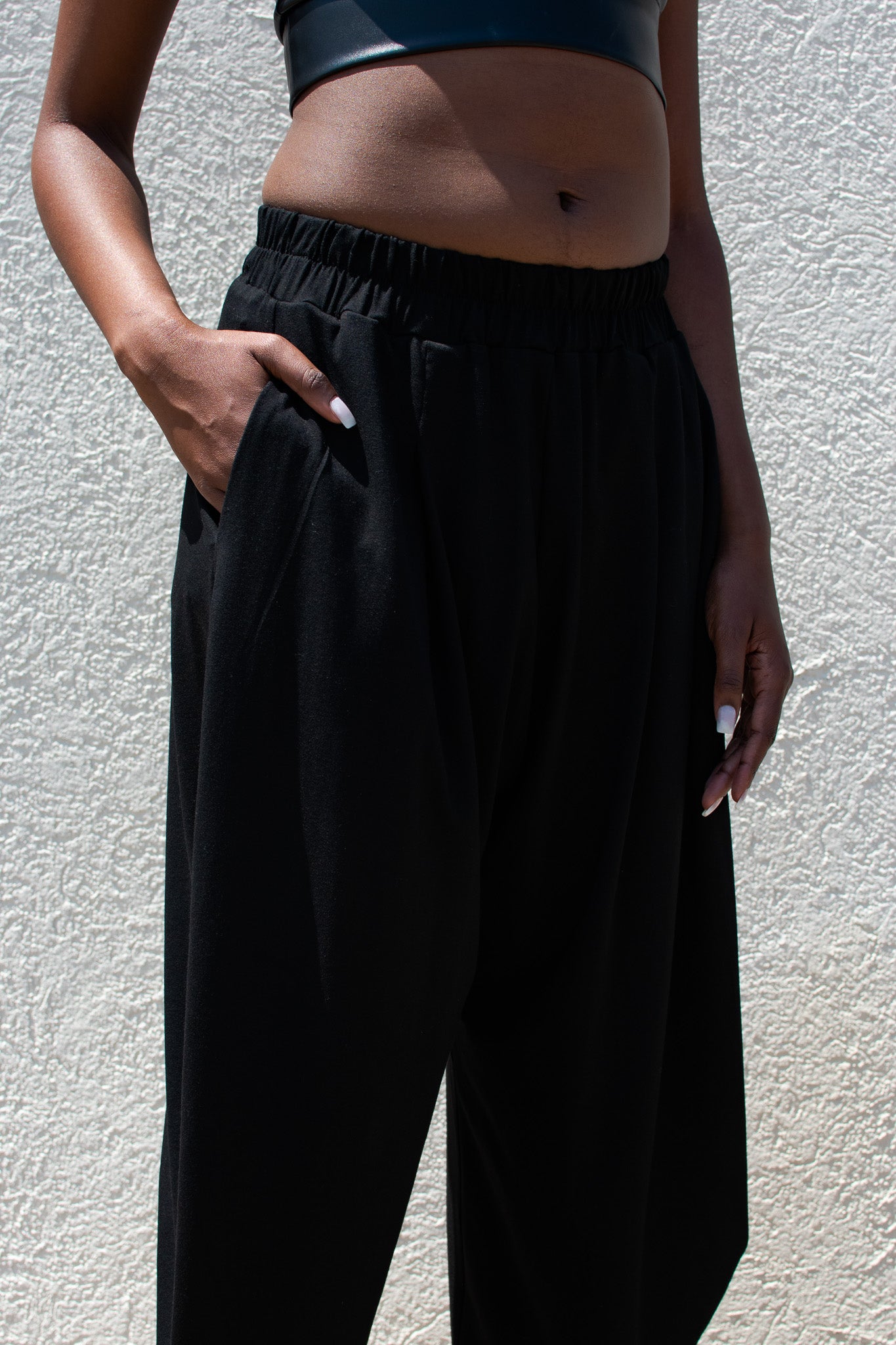 Black, Ankle-Length Harem Pants w/ Low Crotch & Elastic Waistband, Curved Seam (Women)