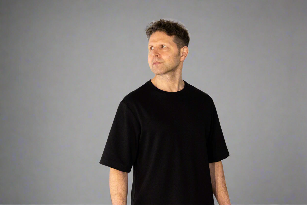 Oversized,  Black Ponte Top w/ Elbow-Length Sleeves & Crew Neck, Straight Hem (Unisex)