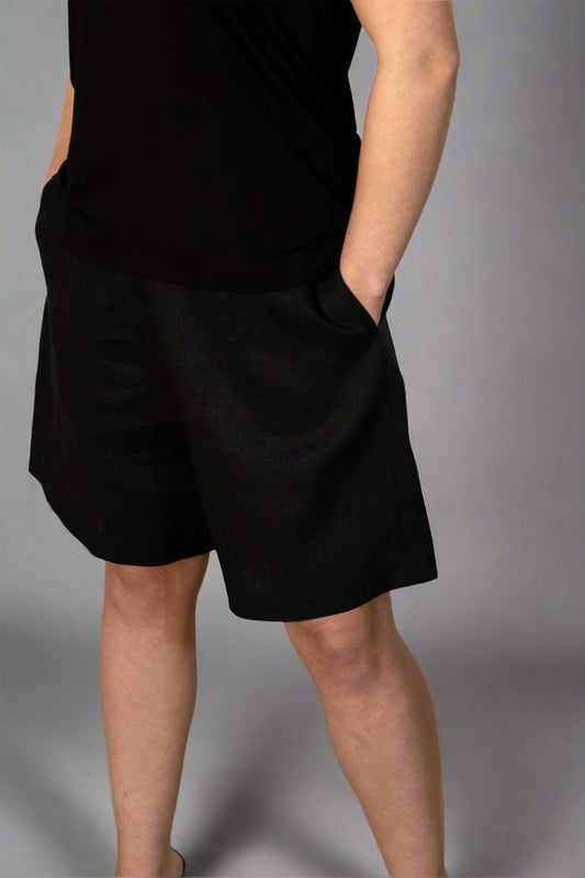Black, Wide-Leg Linen Shorts w/ Low Crotch & Elastic Waistband (Unisex)