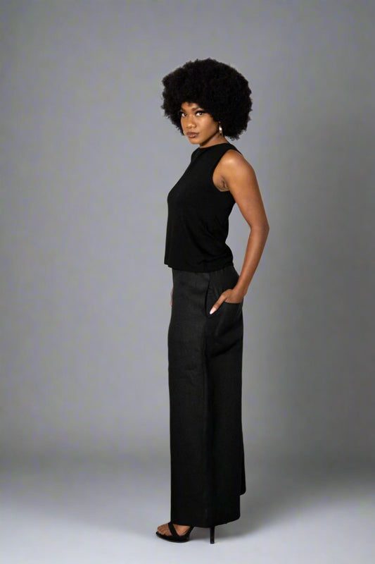 Relaxed, Black Sleeveless Top w/ Wide Shoulders & Crew Neck, Straight Hem (Unisex)