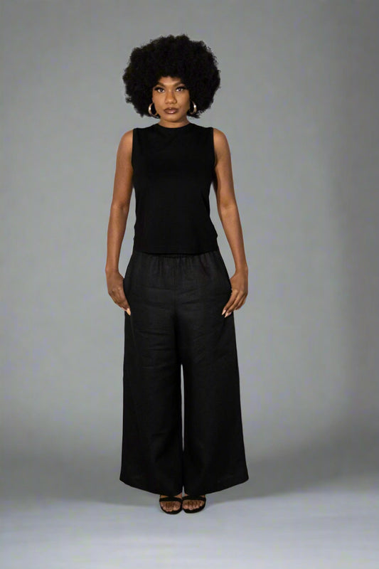 Black, Wide-Leg Linen Pants w/ Dropped Crotch & Elastic Waistband, Back Pockets (Unisex)