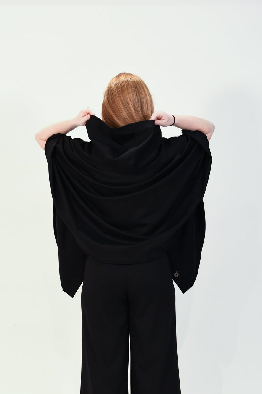 Charlene | Black Hooded Ponte Cape Coat