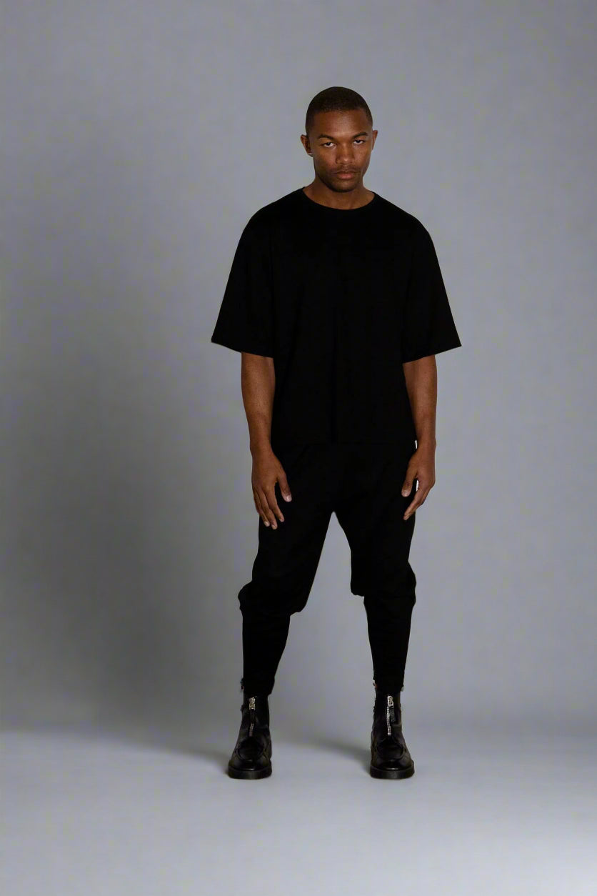 Oversized,  Black Ponte Top w/ Elbow-Length Sleeves & Crew Neck, Straight Hem (Unisex)