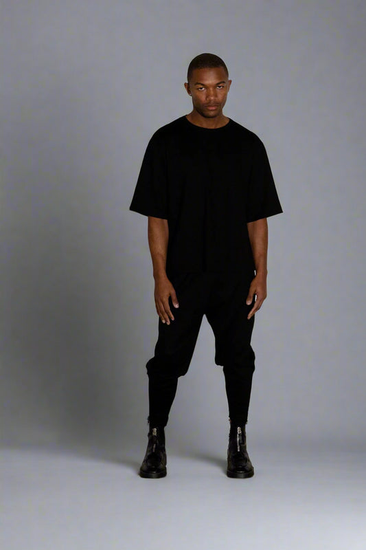 Oversized,  Black Ponte Top w/ Elbow-Length Sleeves & Crew Neck, Straight Hem (Unisex)