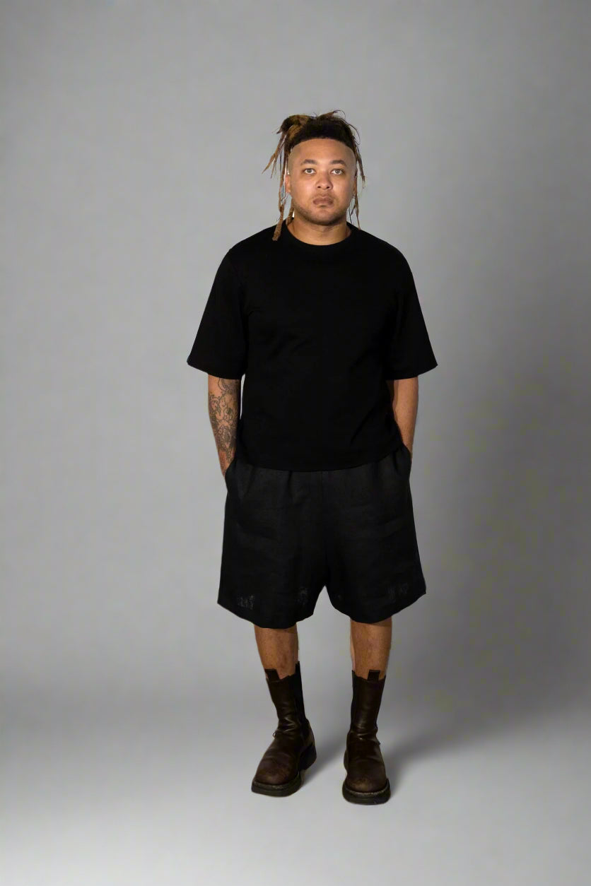 Oversized,  Black Ponte Top w/ Elbow-Length Sleeves & Crew Neck, Straight Hem (Unisex)