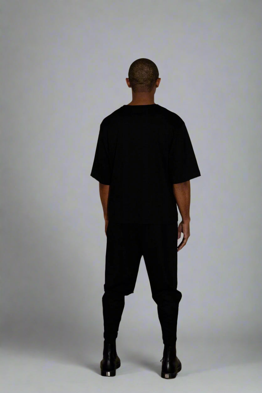 Oversized,  Black Ponte Top w/ Elbow-Length Sleeves & Crew Neck, Straight Hem (Unisex)