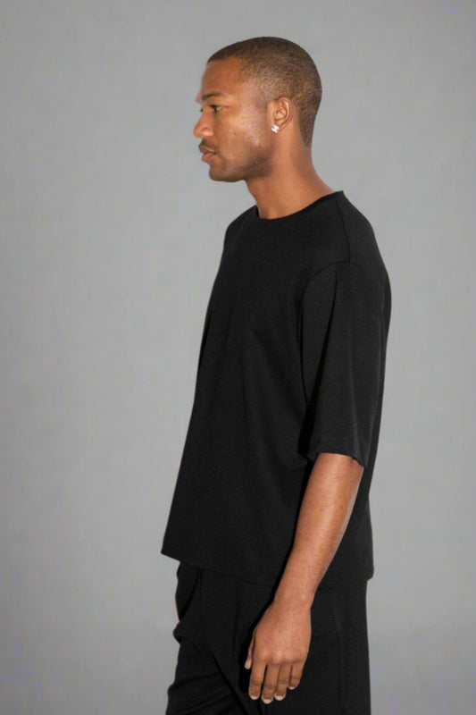 Oversized,  Black Ponte Top w/ Elbow-Length Sleeves & Crew Neck, Straight Hem (Unisex)