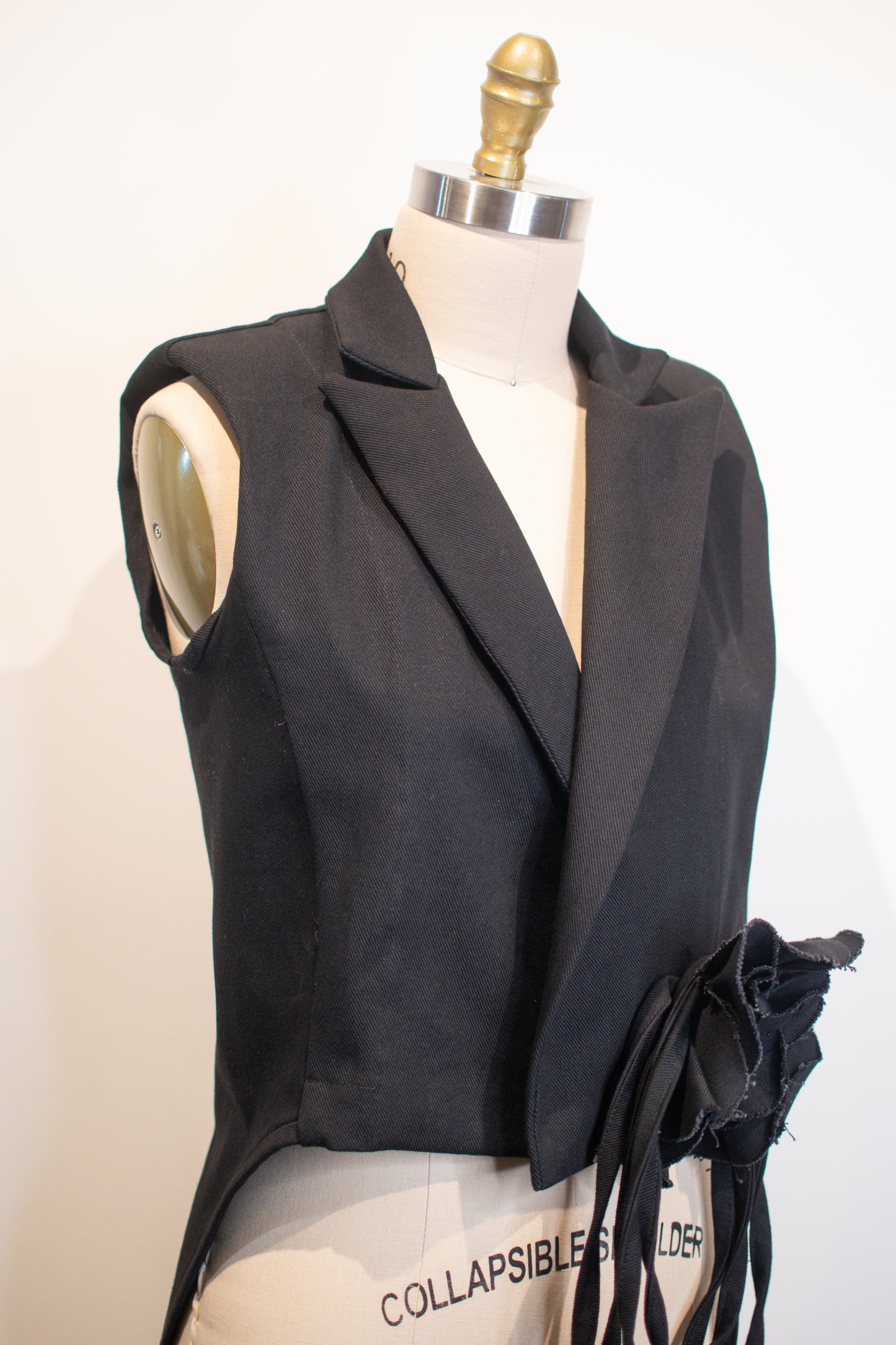 Rene I Sleeveless Black Denim Jacket With 3D Rose Applique