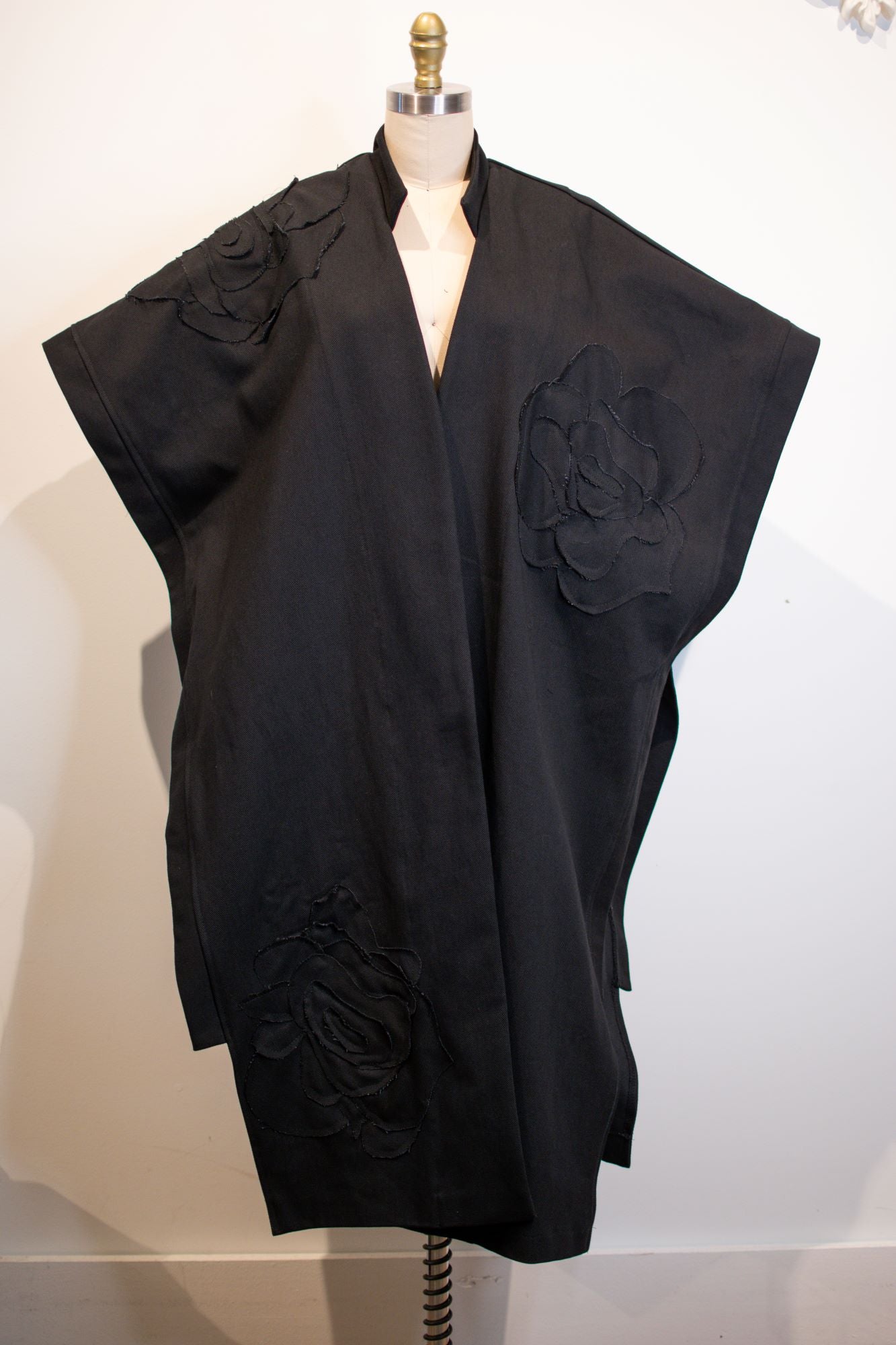 Pascale I Long Denim Coat In Kimono Style With Flower Appliques