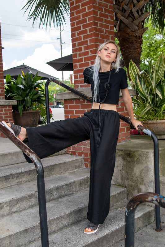 Black, Wide Leg Linen Pants w/ Elastic Waistband & Loose Fit, Raw Edges,Full-Length (Women)