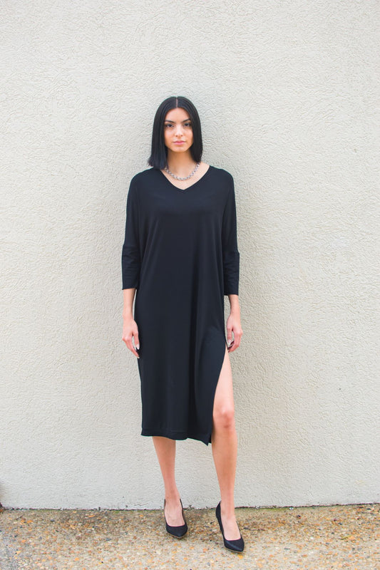 Black, Dolman Sleeve V-Neck Dress w/ Side Slit & Pockets, Tapered Loose Fit (Women)