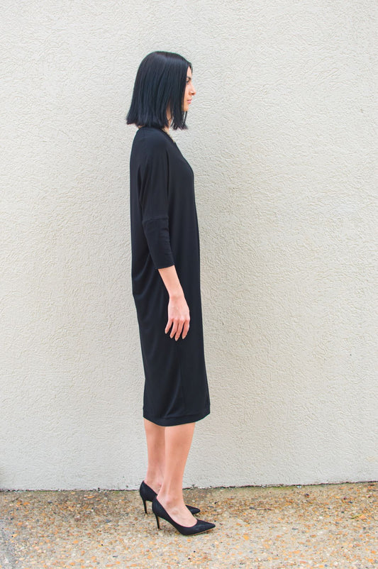 Black, Dolman Sleeve V-Neck Dress w/ Side Slit & Pockets, Tapered Loose Fit (Women)