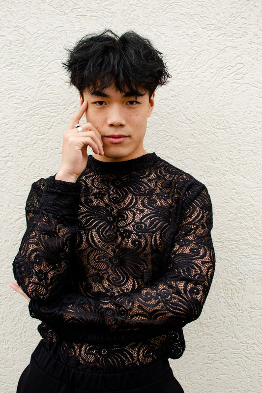 Kevin | Men’s Black Sheer Lace Crewneck
