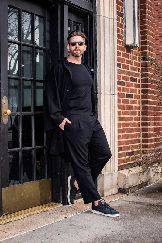 Black, Tapered Loose Pants w/ Back Pocket & Elastic Waistband, Ankle Length (Men)