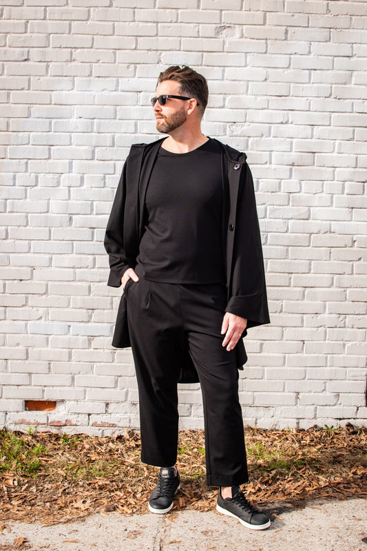 Black, Tapered Loose Pants w/ Back Pocket & Elastic Waistband, Ankle Length (Men)