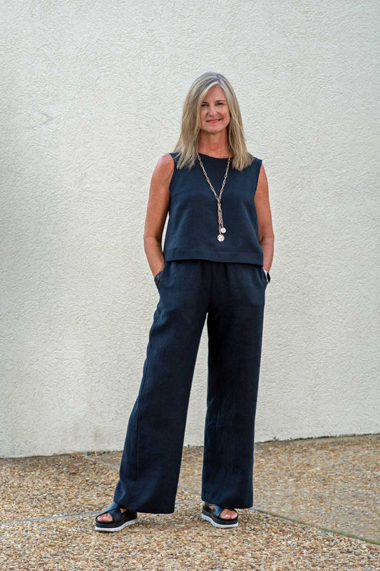 Black, Wide Leg Linen Pants w/ Elastic Waistband & Loose Fit, Raw Edges,Full-Length (Women)