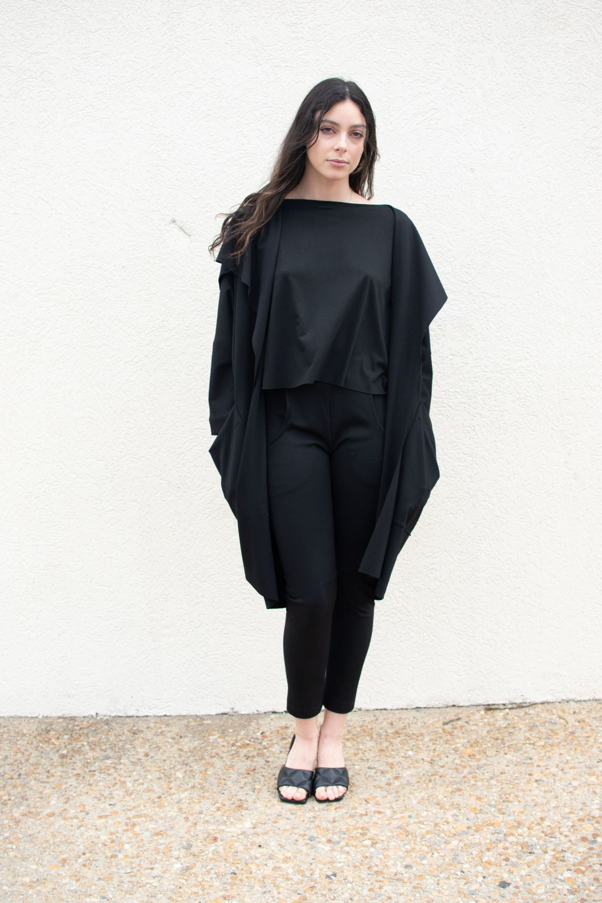 Black, Drop Shoulder Coat w/ 2 Front Pockets & Big Collar, Raw Edges, No Front Closure (Women)