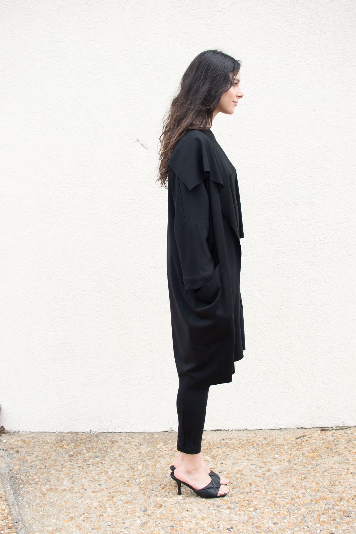 Black, Drop Shoulder Coat w/ 2 Front Pockets & Big Collar, Raw Edges, No Front Closure (Women)