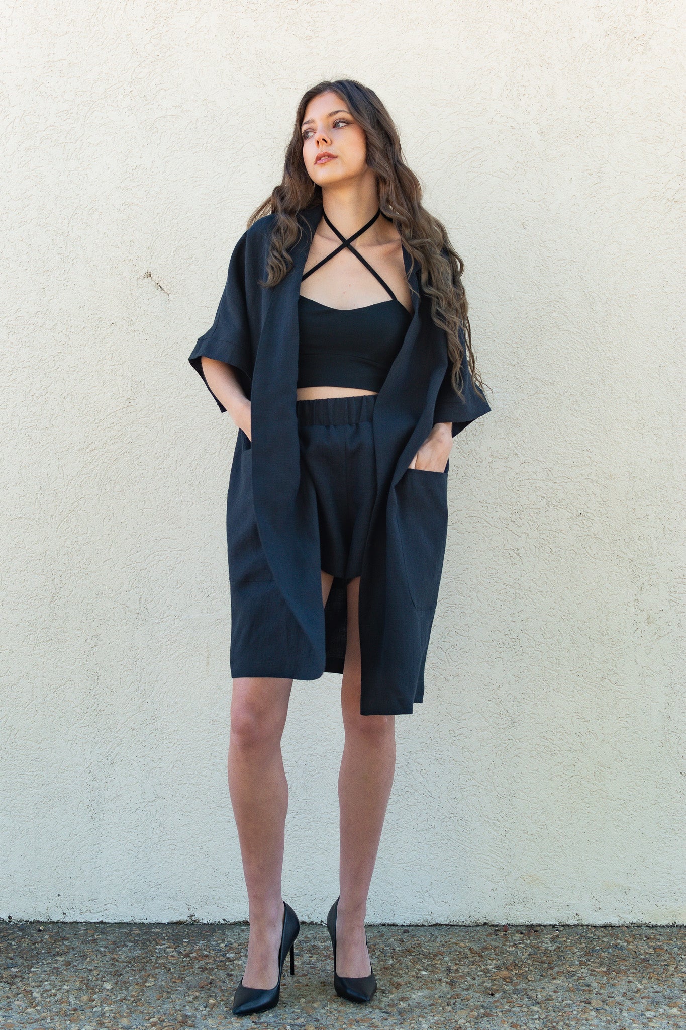 Casey | Open Front Black Linen Kimono Coat