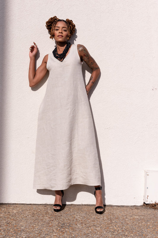 Lillian | Beige A-Line Maxi Linen Dress