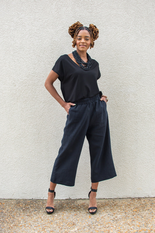 Black, Wide-Leg Linen Pants w/ Cropped Length & Elastic Waist (Women)