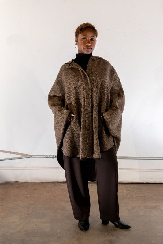 Charlize No.3 | One-of-a-kind Brown Herringbone Cape Coat