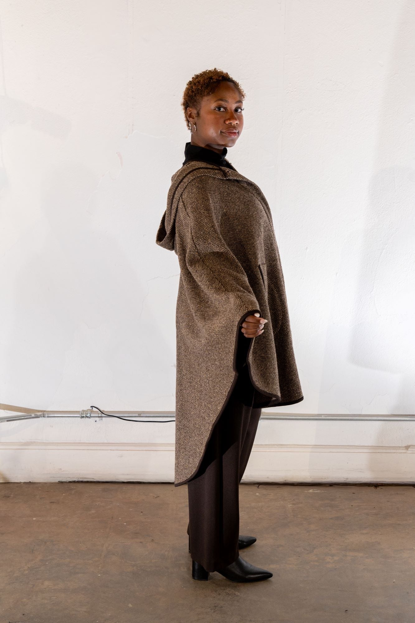 Charlize No.3 | One-of-a-kind Brown Herringbone Cape Coat