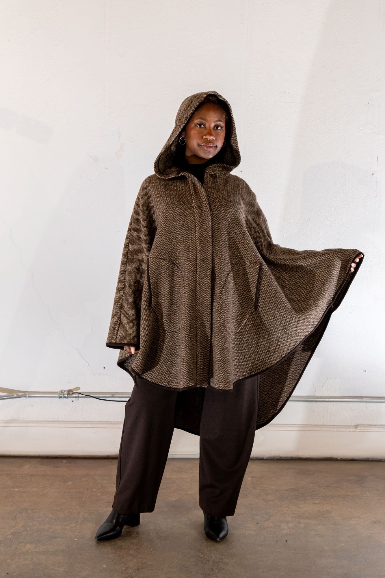 Charlize No.3 | One-of-a-kind Brown Herringbone Cape Coat