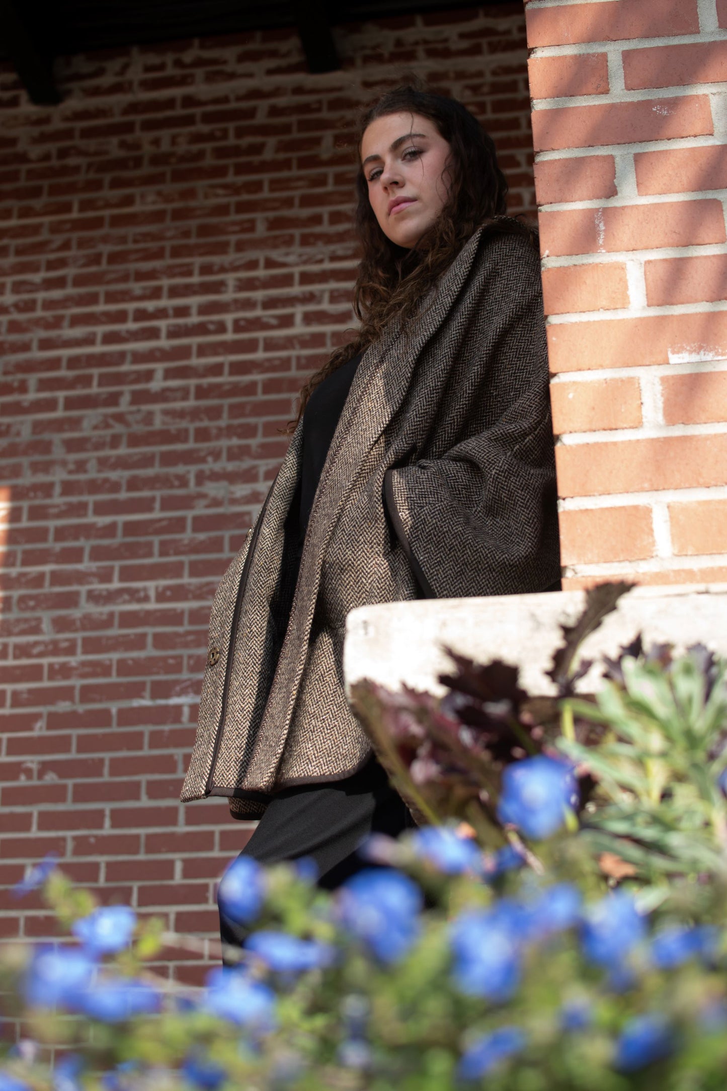 Cora | Brown Hooded Herringbone Wool Cape with Pockets