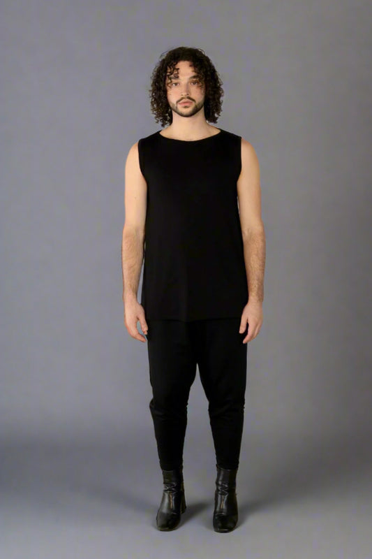 Relaxed, Black Sleeveless Top w/ Wide Shoulders & Boat Neck, Hi-Low Hem (Unisex)