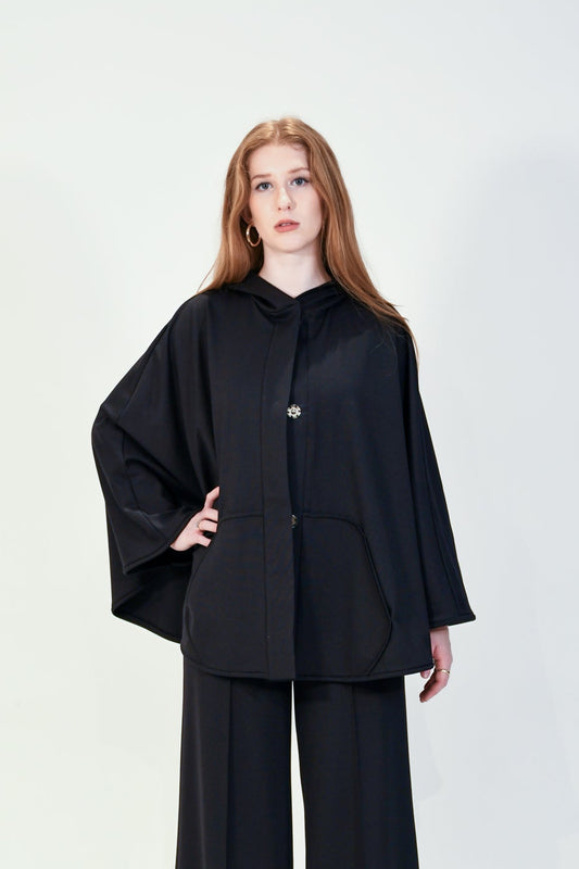 Charlene | Black Hooded Ponte Cape Coat