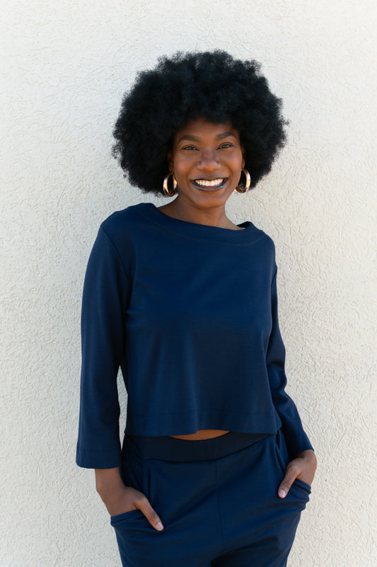 Tilda | Navy Cropped Top With 7/8 Long Sleeve