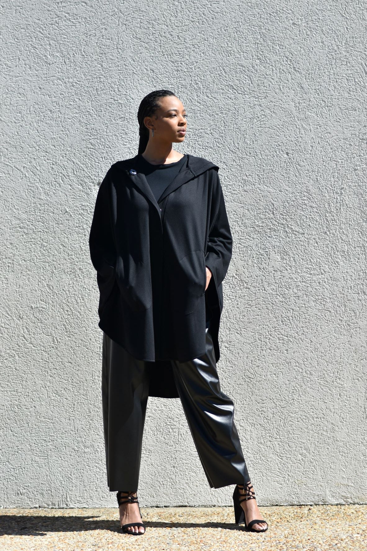 Charly | Black Heavy Knit Cape with Hood and Pockets